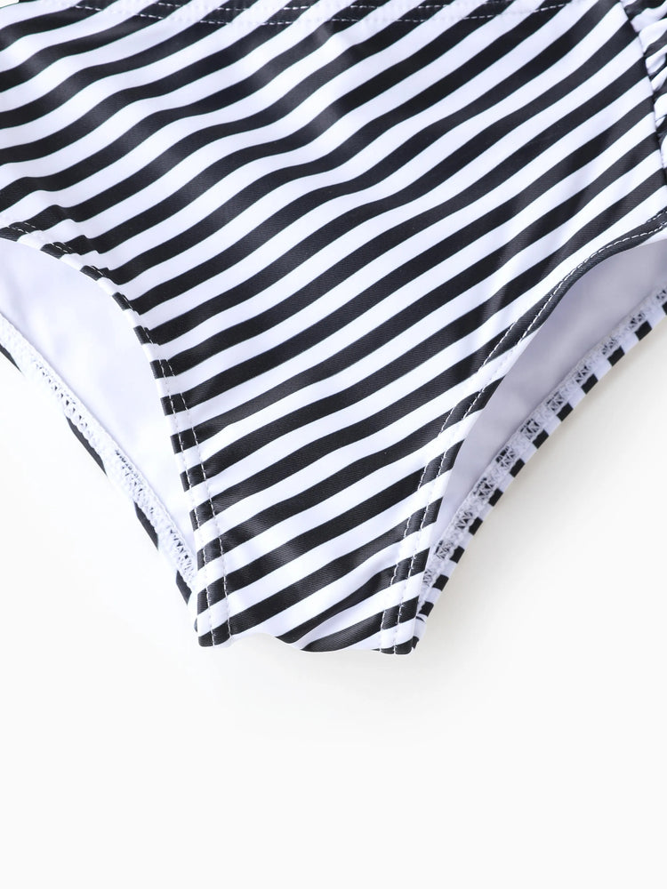 Toddler Girl Vertical Stripe Drawstring Besties Printed Crop Tank Bikini Khaki