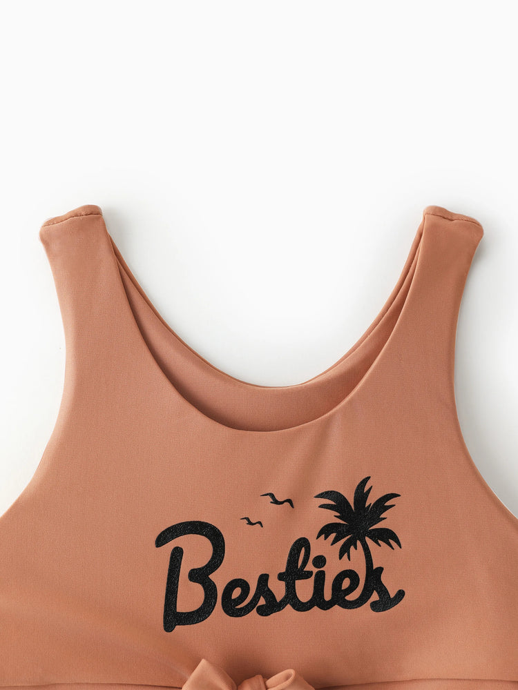 Toddler Girl Vertical Stripe Drawstring Besties Printed Crop Tank Bikini Khaki