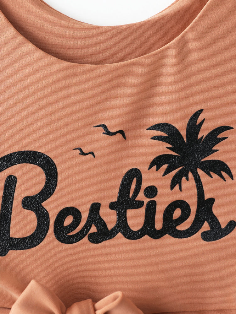 Daddy & Daughter Vertical Stripe Drawstring Swim Drunks or Besties Printed Crop Tank Bikini Khaki