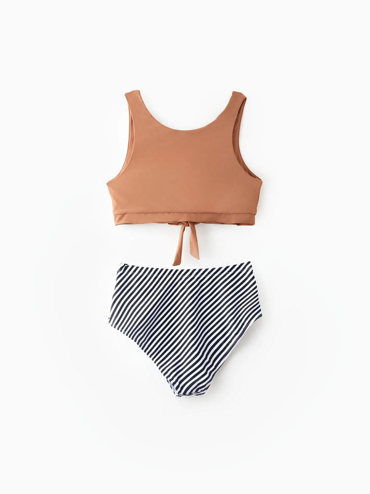 Bikini de tirantes con estampado de rayas verticales y cordón ajustable para toda la familia, color caqui