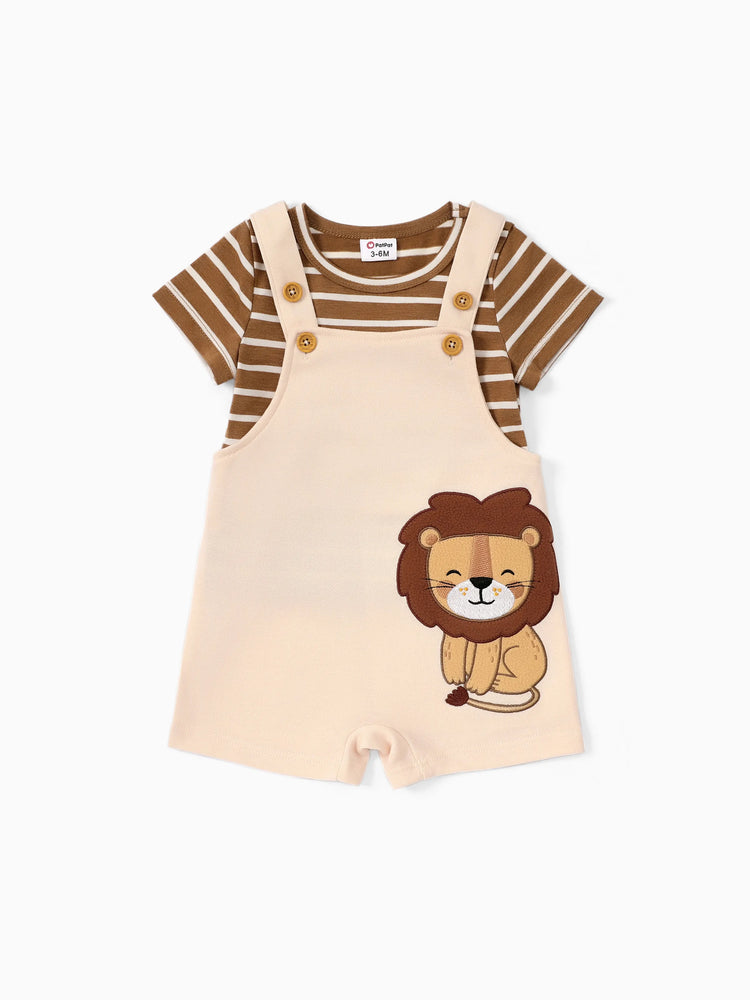 Baby Boy 2pcs Stripe Pattern Tee and Lion Print Overalls Shorts Set Khaki