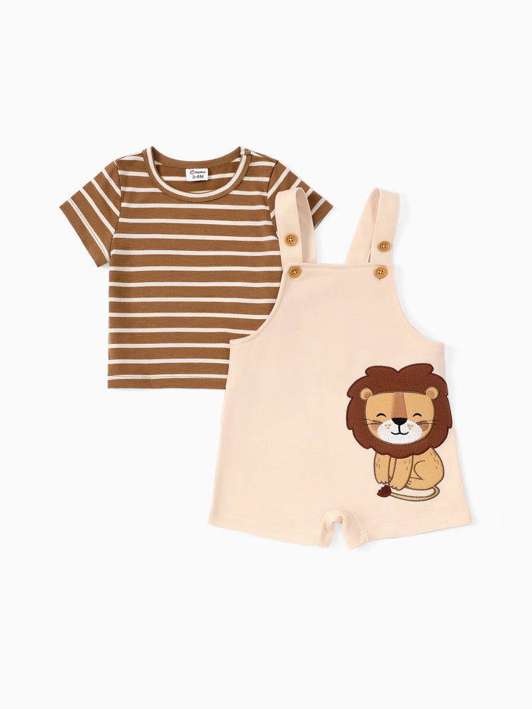 Baby Boy 2pcs Stripe Pattern Tee and Lion Print Overalls Shorts Set Khaki