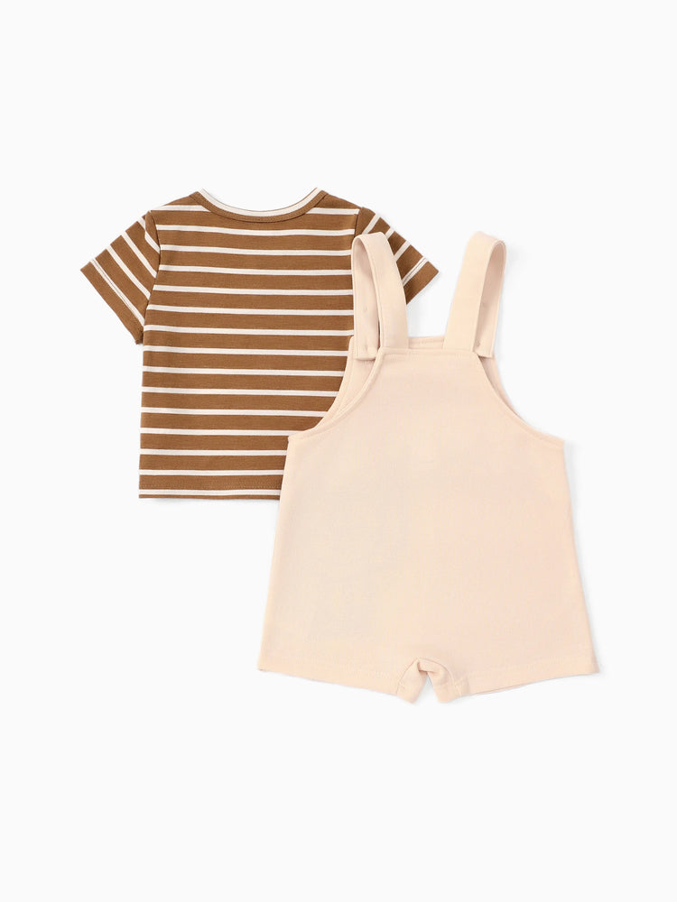 Baby Boy 2pcs Stripe Pattern Tee and Lion Print Overalls Shorts Set Khaki