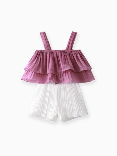 Conjunto elegante de camisola plisada y pantalones cortos de 2 piezas para bebé/niña pequeña Roseo