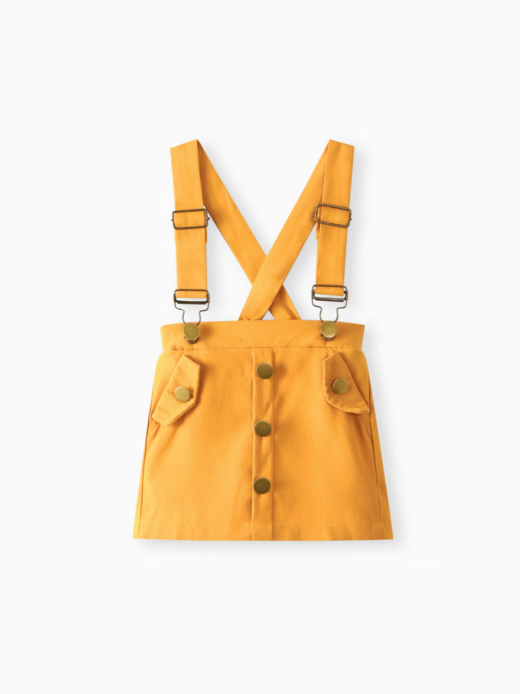 Ensemble 3 pièces pour bébé fille, barboteuse côtelée à manches flottantes en dentelle et jupe à bretelles avec bandeau, couleur gingembre