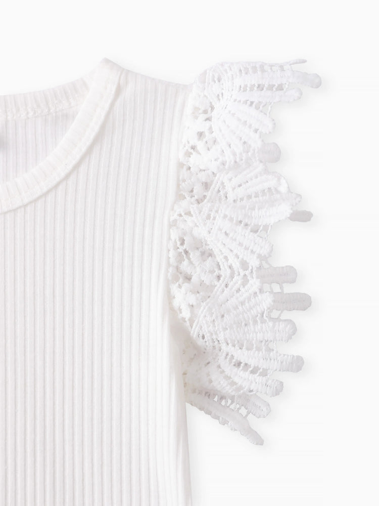 Ensemble 3 pièces pour bébé fille, barboteuse côtelée à manches flottantes en dentelle et jupe à bretelles avec bandeau, couleur gingembre