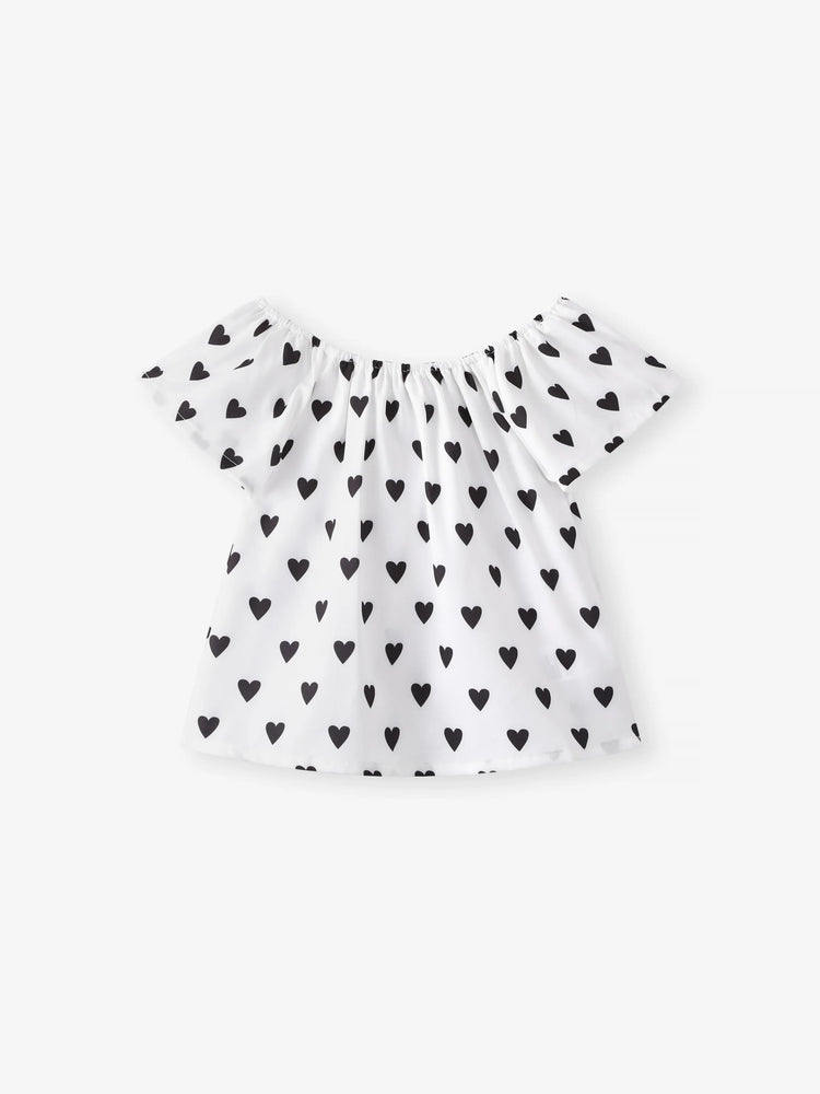 3-teiliges Kleinkind-Mädchen-Herzdruck-Kurzarmbluse und Jeans-Shorts und Stirnband-Set weiß