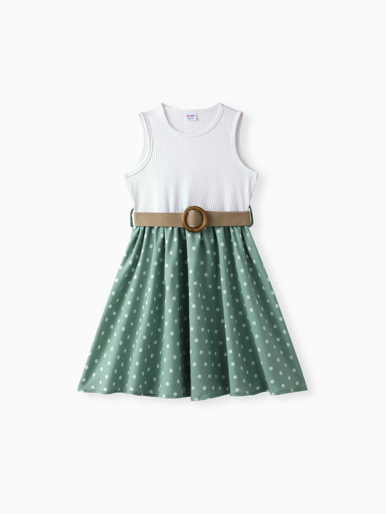 Ensemble 2 pièces pour fille, robe sans manches à pois et ceinture, vert