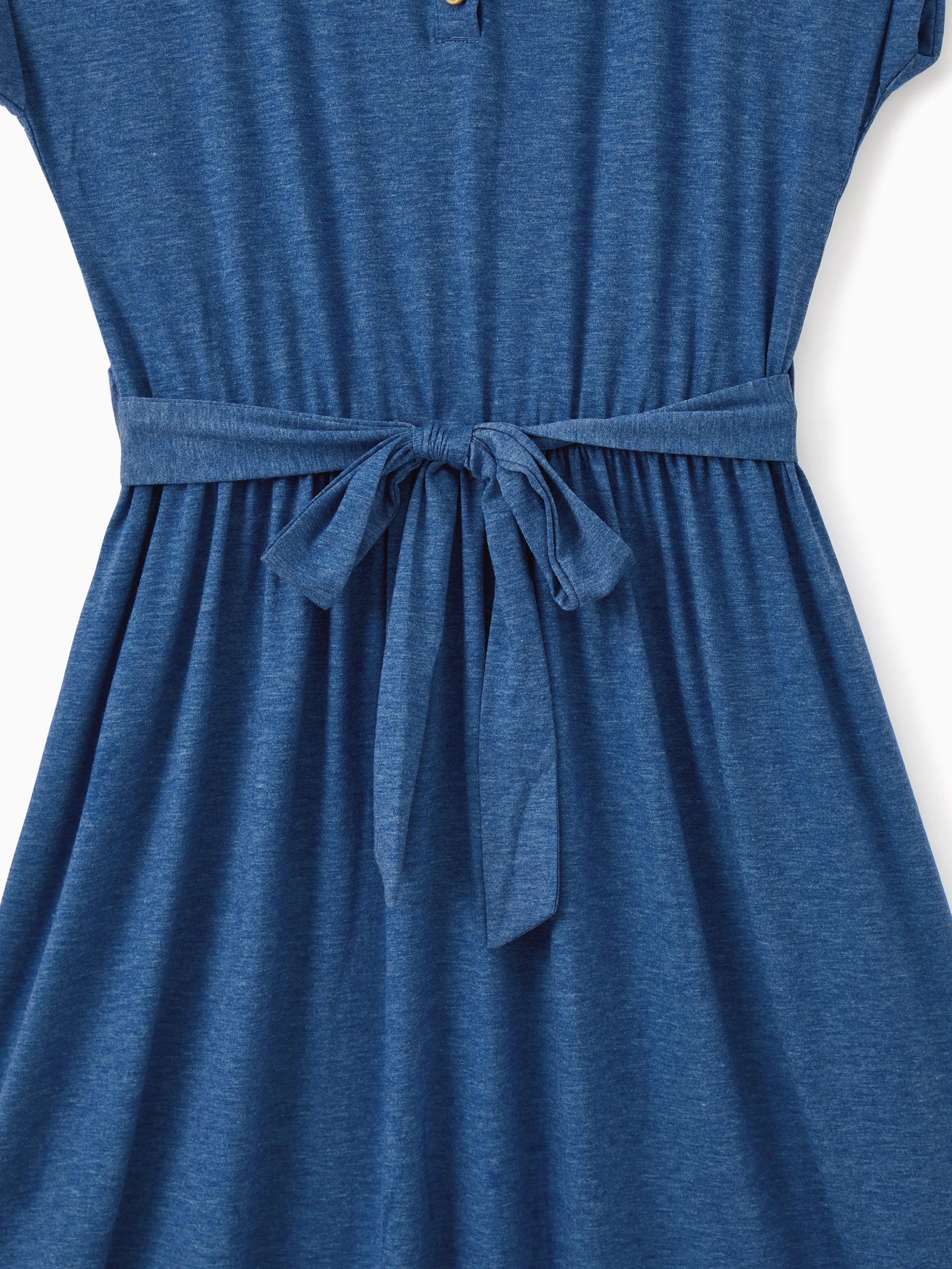Family Matching Soft Casual Outfit with Below Knee Dresses, Front Buttons, Belted Design Blue Family Matching Soft Casual Outfit with Below Knee Dresses, Front Buttons, Belted Design Blue