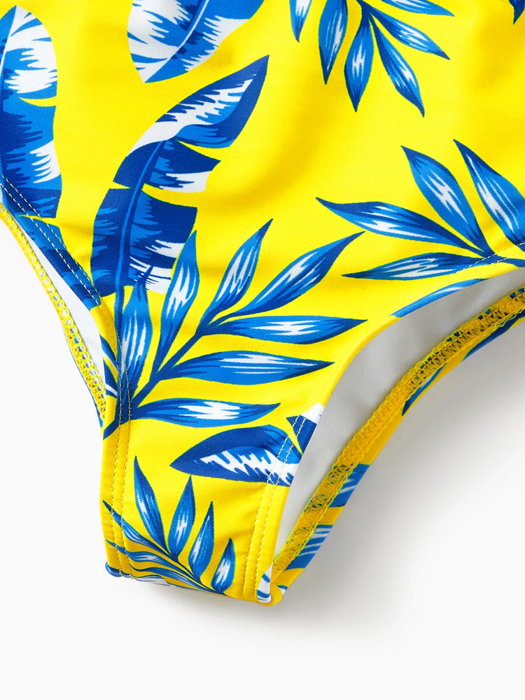 Toddler Girl Yellow Leaf Print Ruched Flutter Sleeve Bikini Yellow