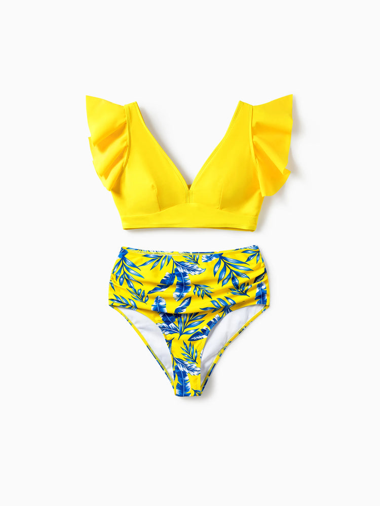 Maillot de bain assorti à imprimé feuilles jaunes ou bikini à manches flottantes froncées avec cache-maillot jaune en option