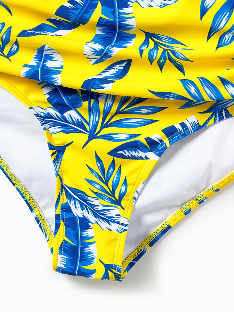 Maillot de bain assorti à imprimé feuilles jaunes ou bikini à manches flottantes froncées avec cache-maillot jaune en option