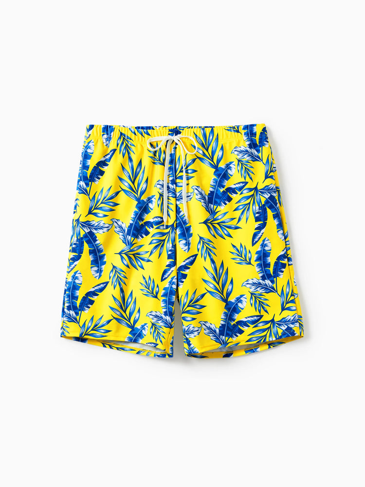 Daddy & Son Gelbe Badeshorts mit Blattmuster und optionalem Badeüberwurf Gelb
