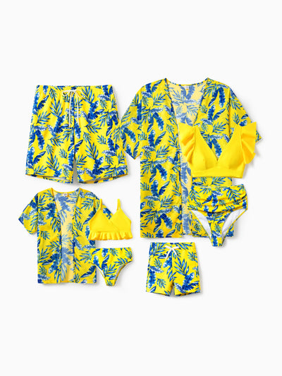Toddler Girl Yellow Leaf Print Ruched Flutter Sleeve Bikini Yellow
