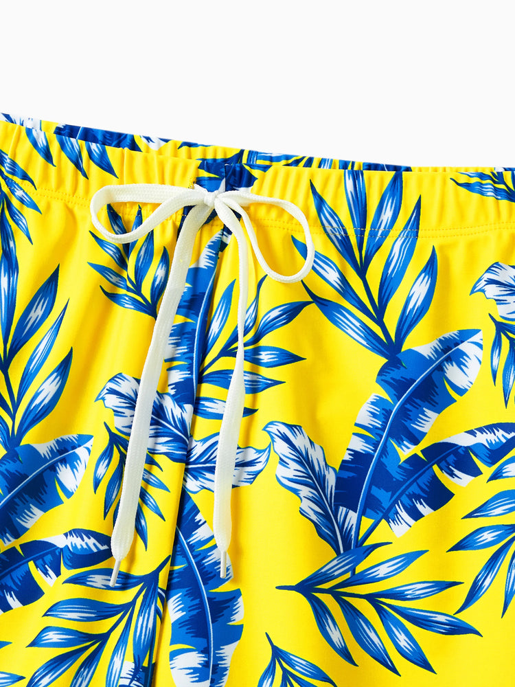 Daddy & Son Gelbe Badeshorts mit Blattmuster und optionalem Badeüberwurf Gelb