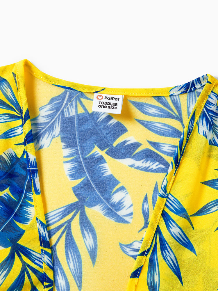 Maillot de bain assorti à imprimé feuilles jaunes ou bikini à manches flottantes froncées avec cache-maillot jaune en option