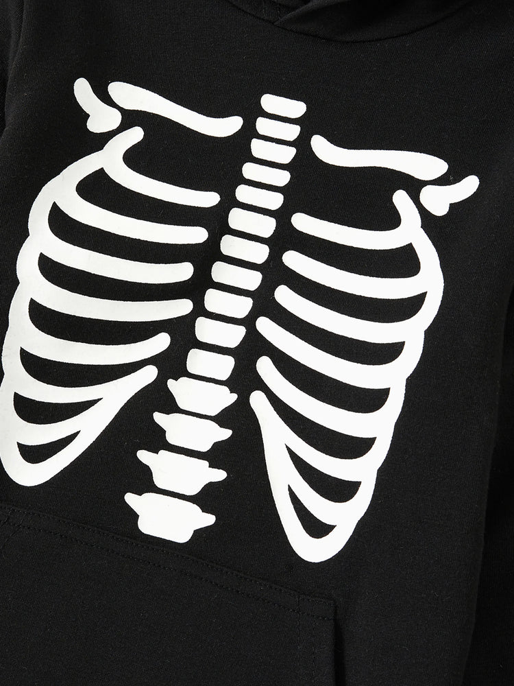 Sweat à capuche à manches longues noir à imprimé squelette phosphorescent pour Halloween, assorti à la famille