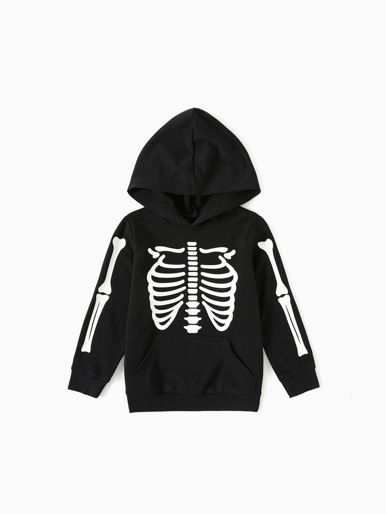 Sweat à capuche à manches longues noir à imprimé squelette phosphorescent pour Halloween, assorti à la famille