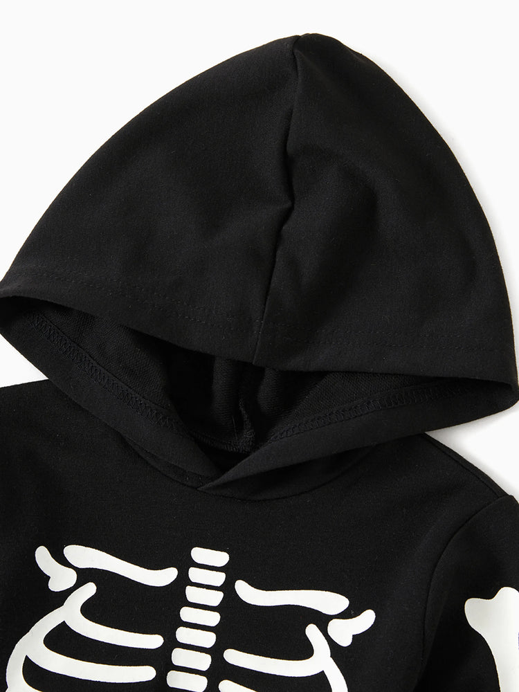 Sweat à capuche à manches longues noir à imprimé squelette phosphorescent pour Halloween, assorti à la famille