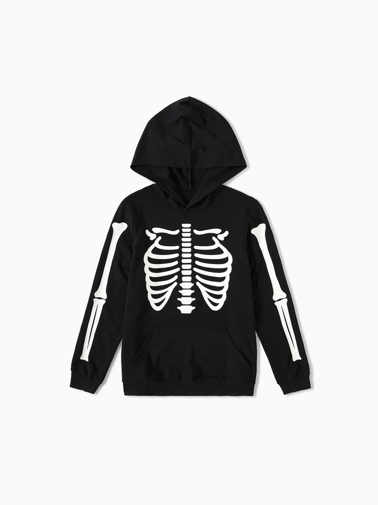 Sweat à capuche à manches longues noir à imprimé squelette phosphorescent pour Halloween, assorti à la famille