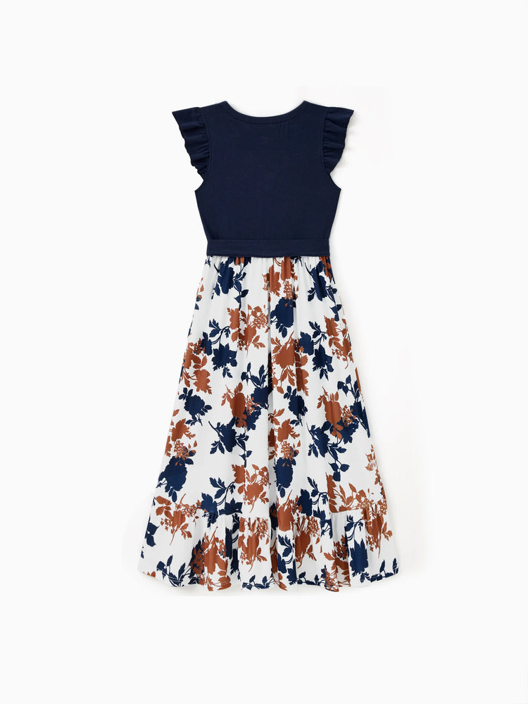 Robe ou t-shirt décontracté assorti pour toute la famille, couleur unie, coutures en tissu bleu roi