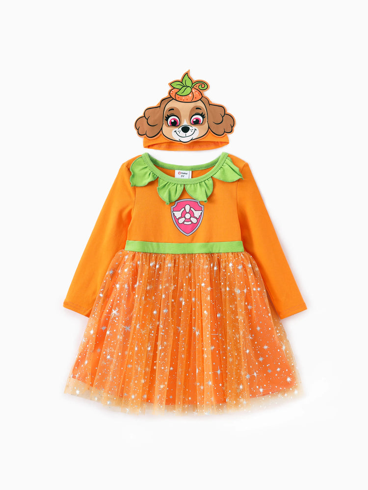 Ensemble 2 pièces Paw Patrol pour petite fille, robe en tulle à manches longues et sac ou chapeau d'Halloween Skye, orange
