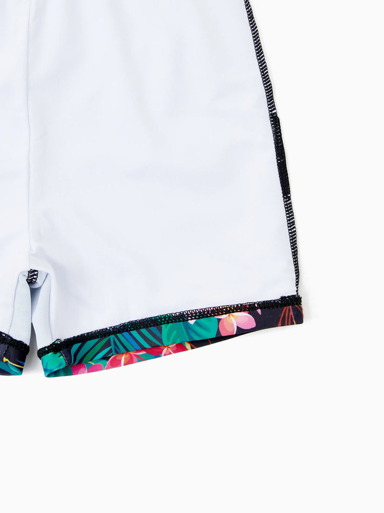 Family Matching Allover Plant Print Crisscross One-Piece Swimsuit and Swim Trunks Black