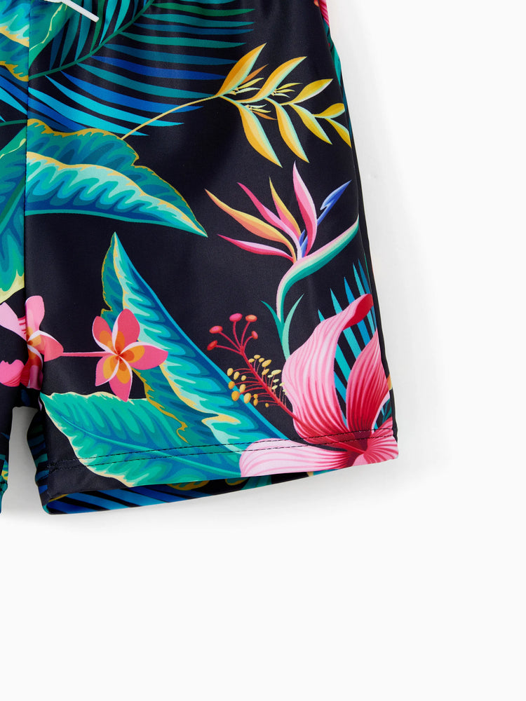 Family Matching Allover Plant Print Crisscross One-Piece Swimsuit and Swim Trunks Black