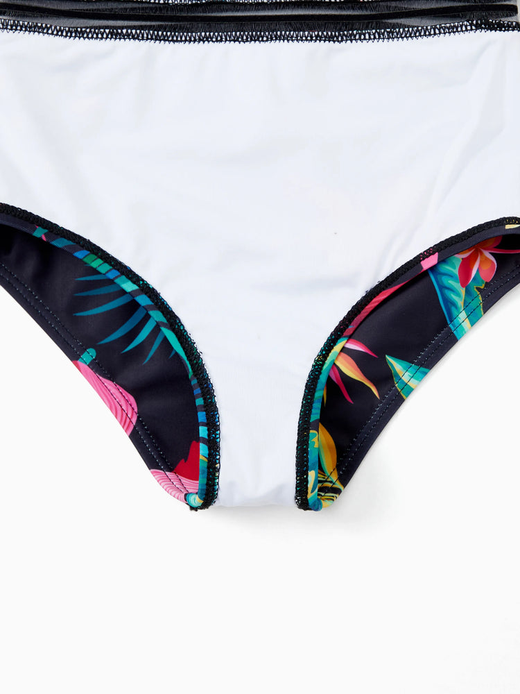 Family Matching Allover Plant Print Crisscross One-Piece Swimsuit and Swim Trunks Black