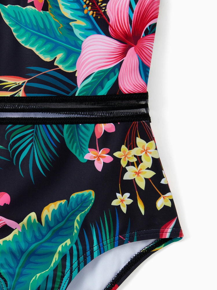 Family Matching Allover Plant Print Crisscross One-Piece Swimsuit and Swim Trunks Black
