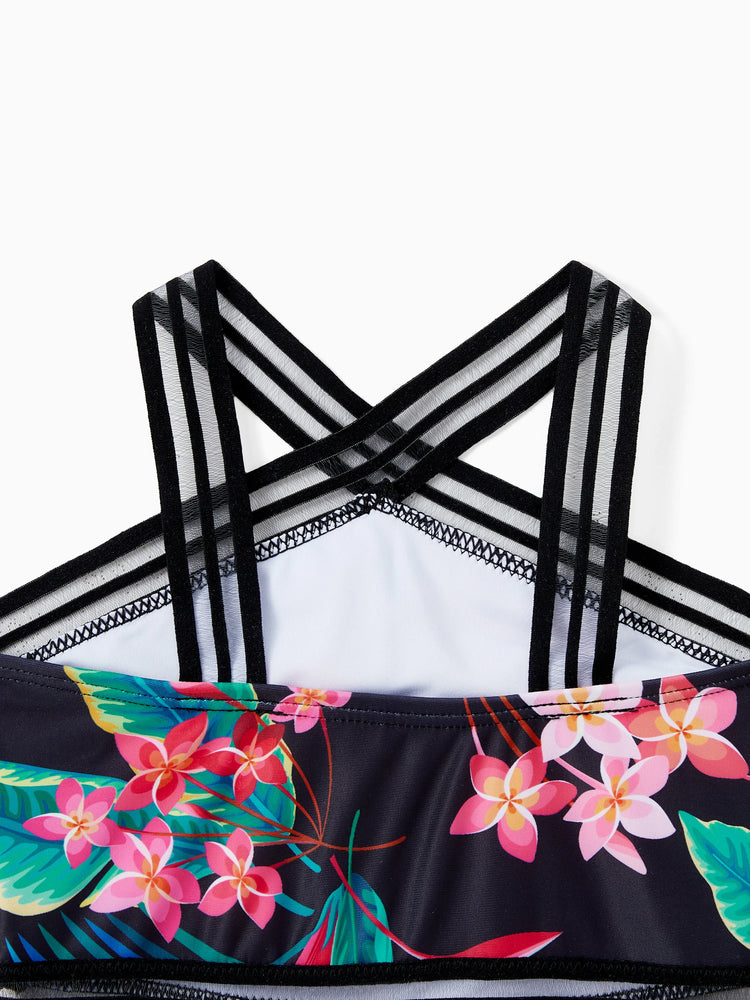 Family Matching Allover Plant Print Crisscross One-Piece Swimsuit and Swim Trunks Black