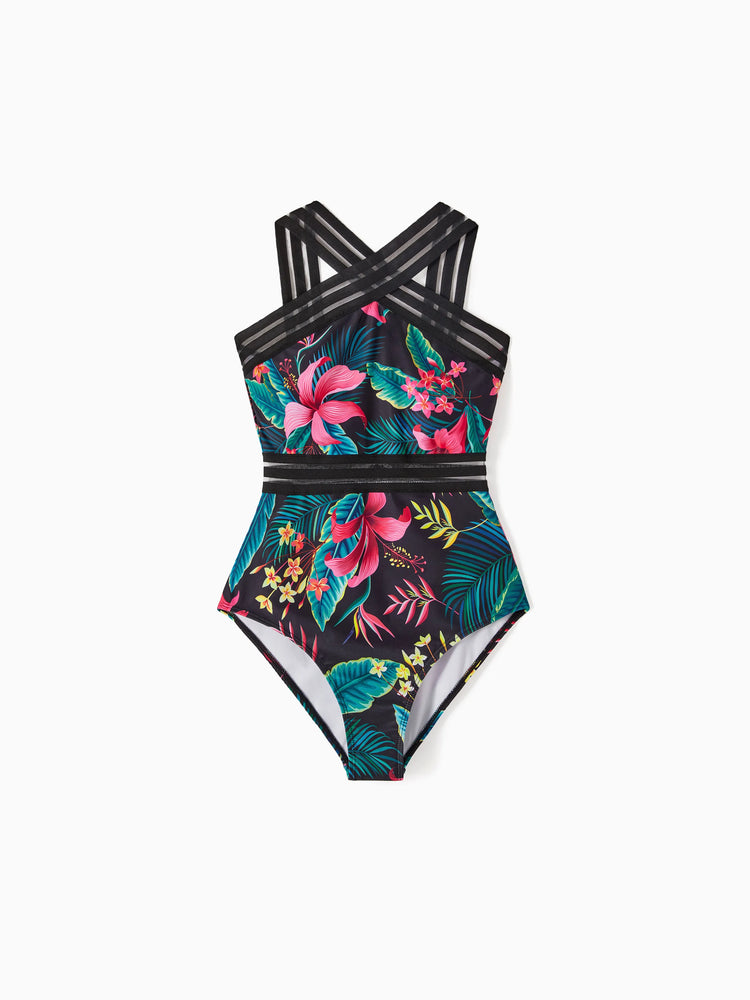 Family Matching Allover Plant Print Crisscross One-Piece Swimsuit and Swim Trunks Black