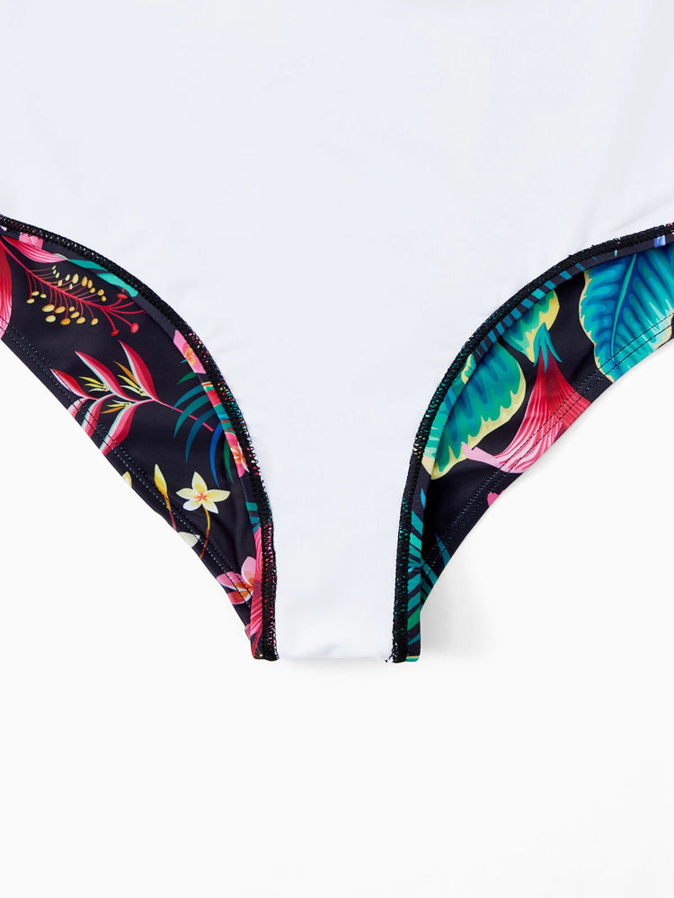 Family Matching Allover Plant Print Crisscross One-Piece Swimsuit and Swim Trunks Black