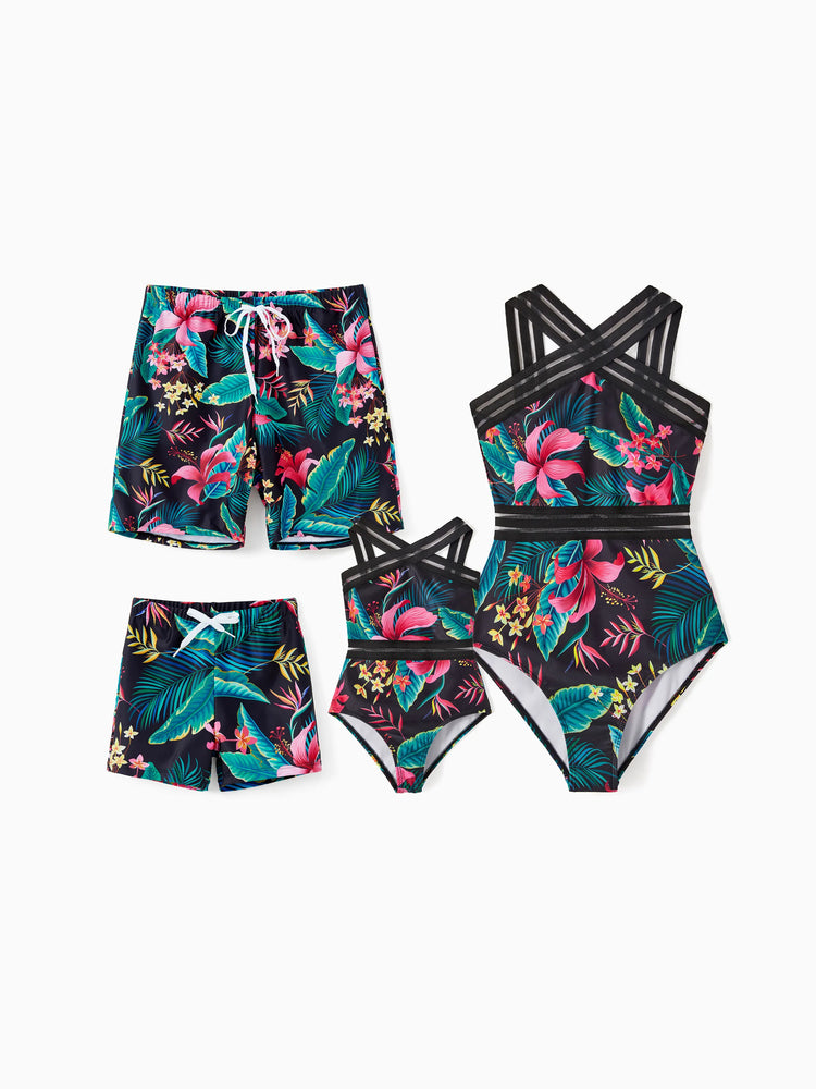 Family Matching Allover Plant Print Crisscross One-Piece Swimsuit and Swim Trunks Black