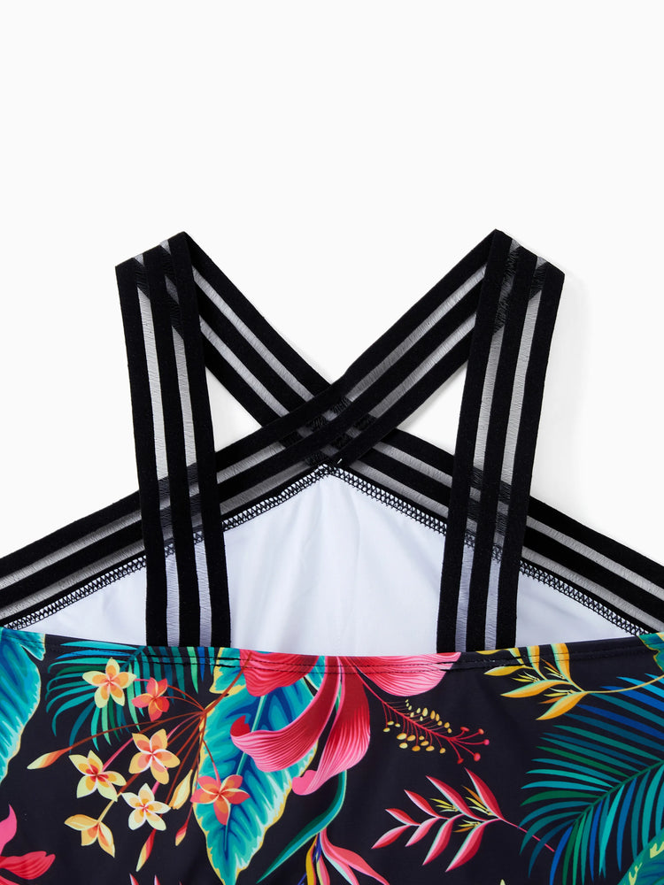 Family Matching Allover Plant Print Crisscross One-Piece Swimsuit and Swim Trunks Black