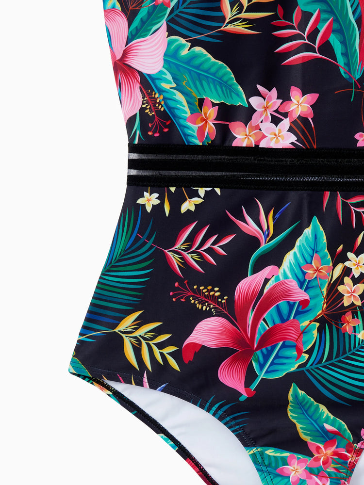 Family Matching Allover Plant Print Crisscross One-Piece Swimsuit and Swim Trunks Black