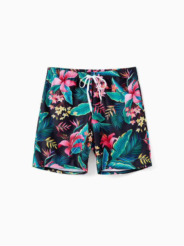 Family Matching Allover Plant Print Crisscross One-Piece Swimsuit and Swim Trunks Black