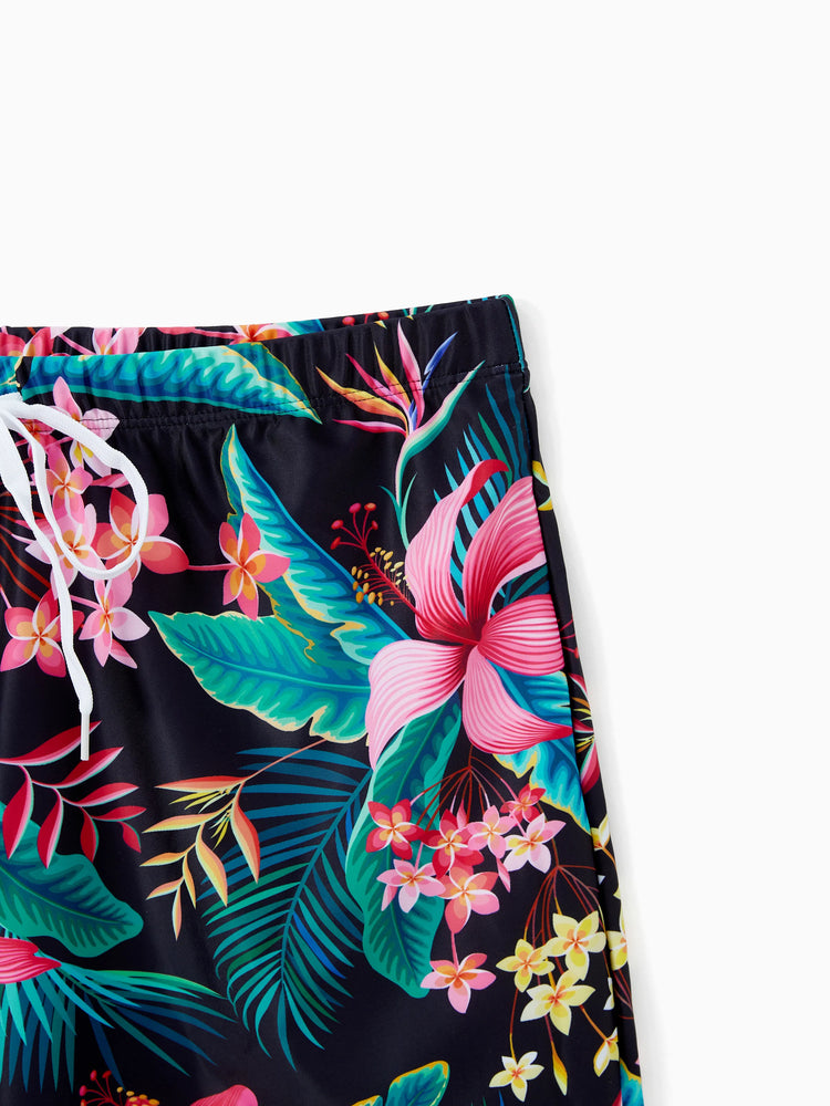 Family Matching Allover Plant Print Crisscross One-Piece Swimsuit and Swim Trunks Black