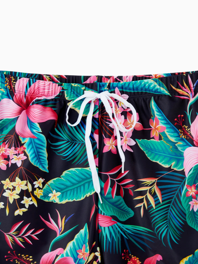 Family Matching Allover Plant Print Crisscross One-Piece Swimsuit and Swim Trunks Black