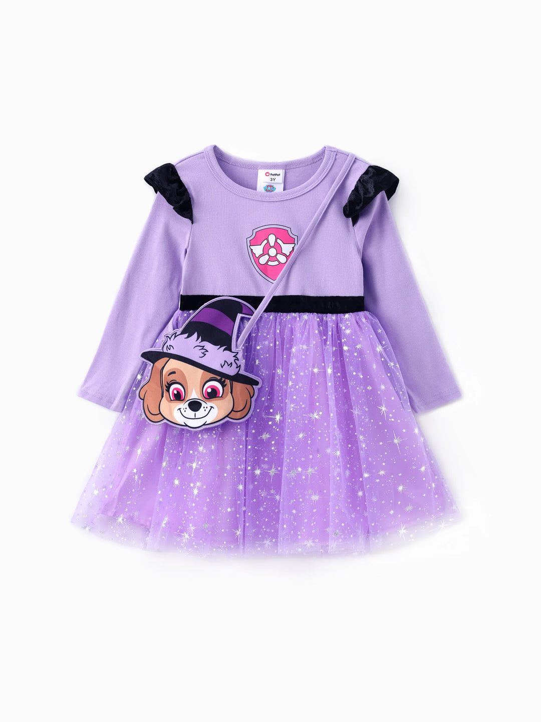 Conjunto de 2 piezas de vestido de tul de manga larga y bolso o sombrero de Skye para Halloween de la Patrulla Canina, color morado