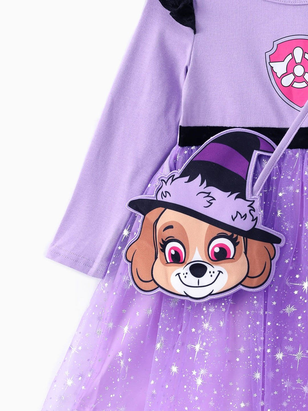 Conjunto de 2 piezas de vestido de tul de manga larga y bolso o sombrero de Skye para Halloween de la Patrulla Canina, color morado