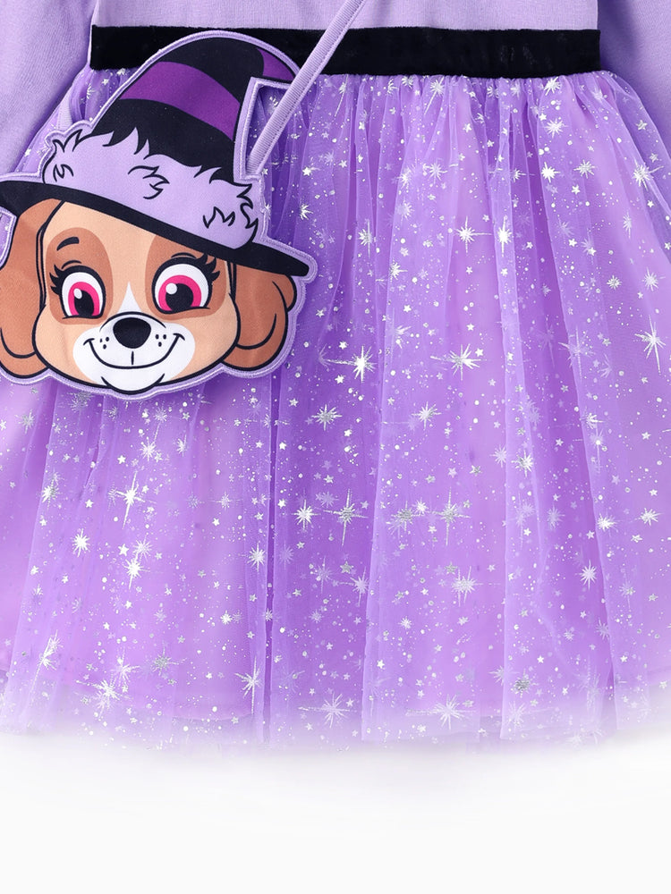 Ensemble 2 pièces Paw Patrol pour petite fille, robe d'Halloween à manches longues en tulle et sac ou chapeau Skye, violet