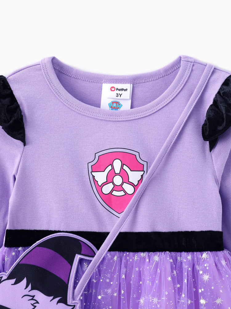 Ensemble 2 pièces Paw Patrol pour petite fille, robe d'Halloween à manches longues en tulle et sac ou chapeau Skye, violet