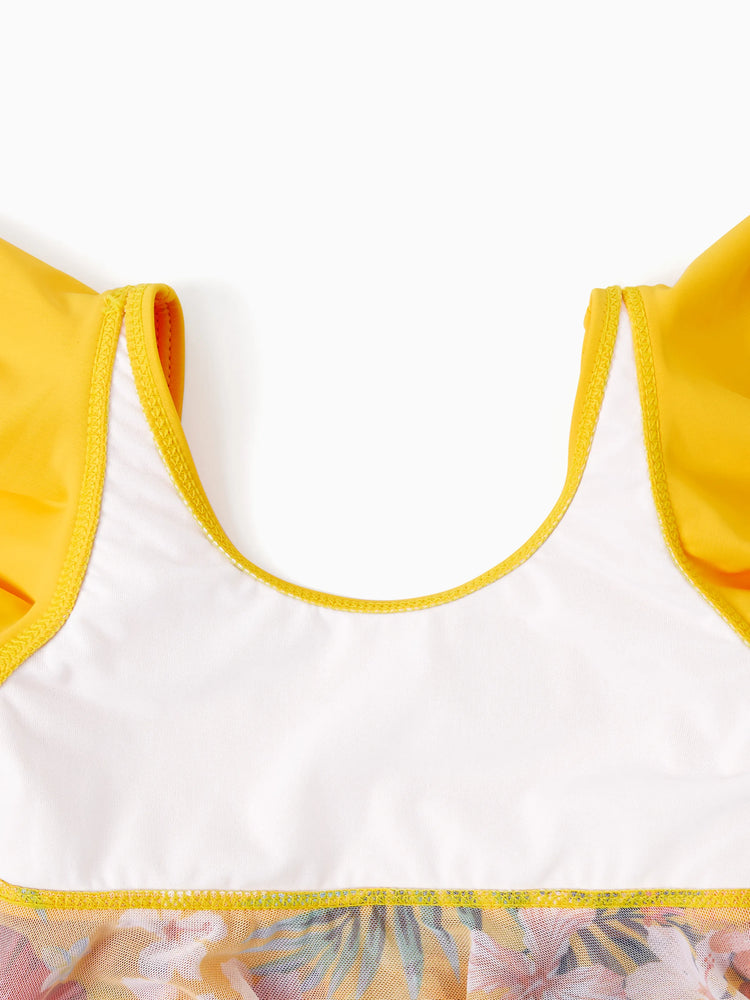 Daddy & Daughter Floral Drawstring Swim Trunks or Flowy Spliced Mesh Swim Dress with Triangle Swim Bottom Yellow