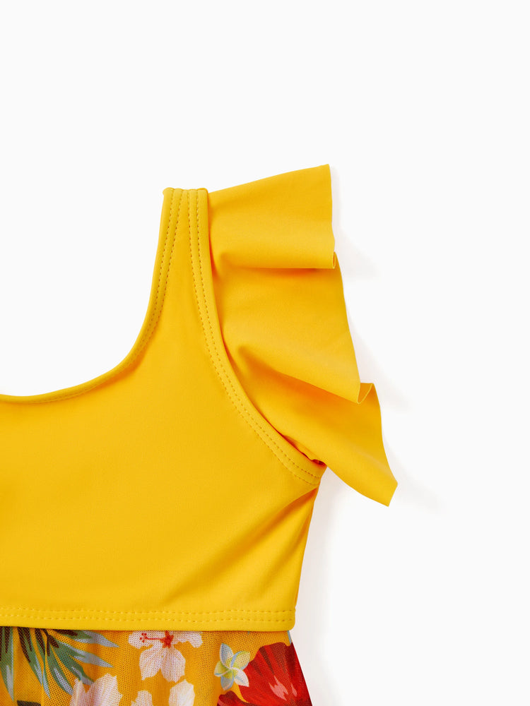 Daddy & Daughter Floral Drawstring Swim Trunks or Flowy Spliced Mesh Swim Dress with Triangle Swim Bottom Yellow