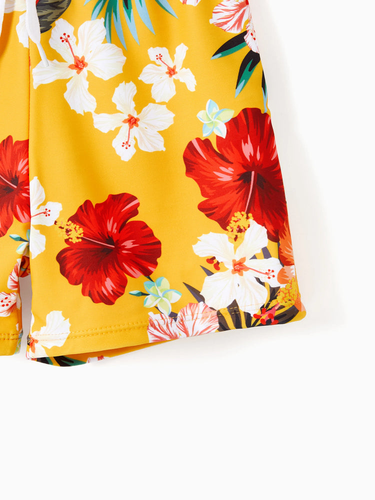 Maillot de bain à cordon de serrage fleuri assorti pour toute la famille ou robe de bain fluide en maille épissée avec bas de bain triangle jaune