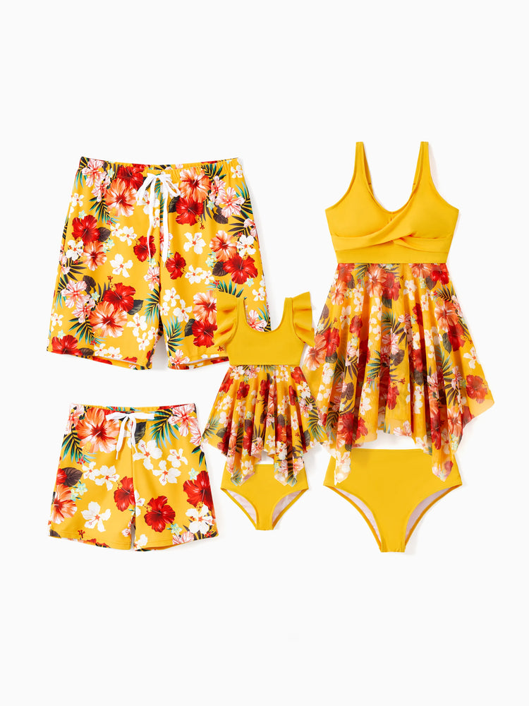Maillot de bain à cordon de serrage fleuri assorti pour toute la famille ou robe de bain fluide en maille épissée avec bas de bain triangle jaune