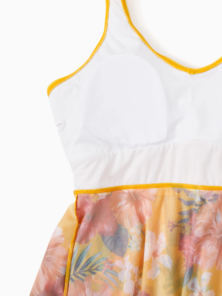 Mommy & me Floral Drawstring Flowy Spliced Mesh Swim Dress with Triangle Swim Bottom Yellow