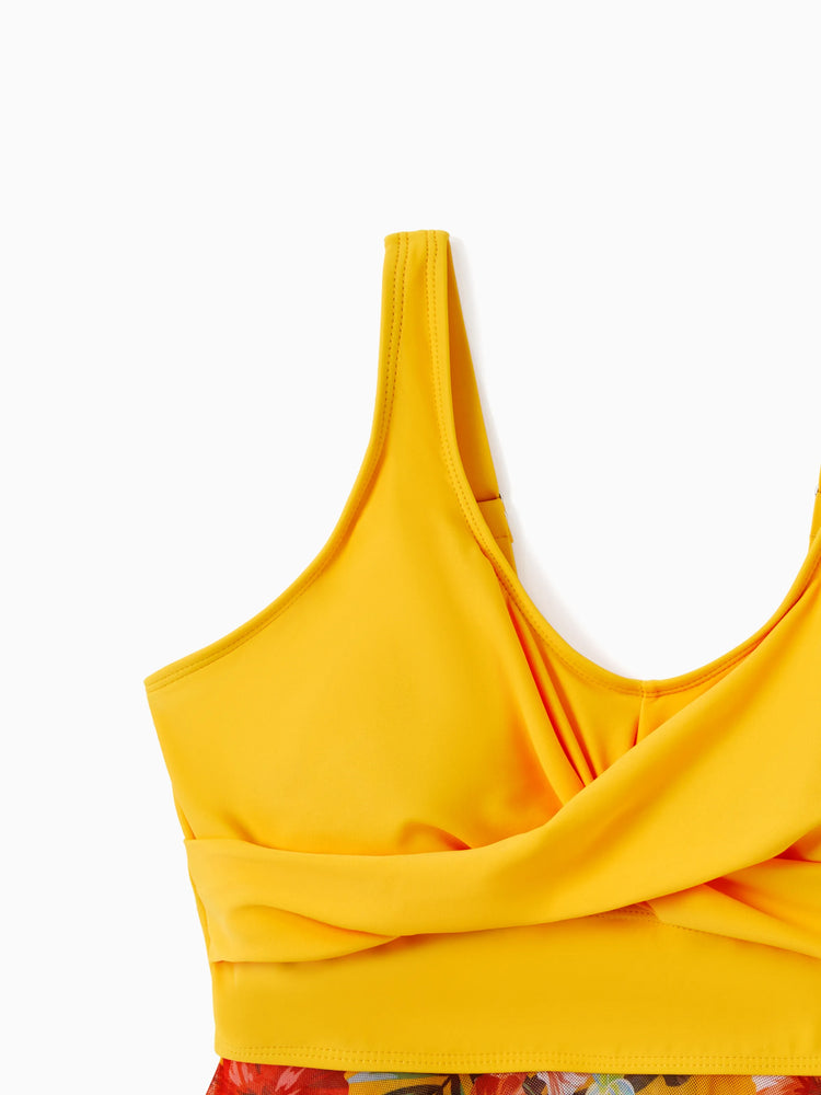 Mommy & me Floral Drawstring Flowy Spliced Mesh Swim Dress with Triangle Swim Bottom Yellow