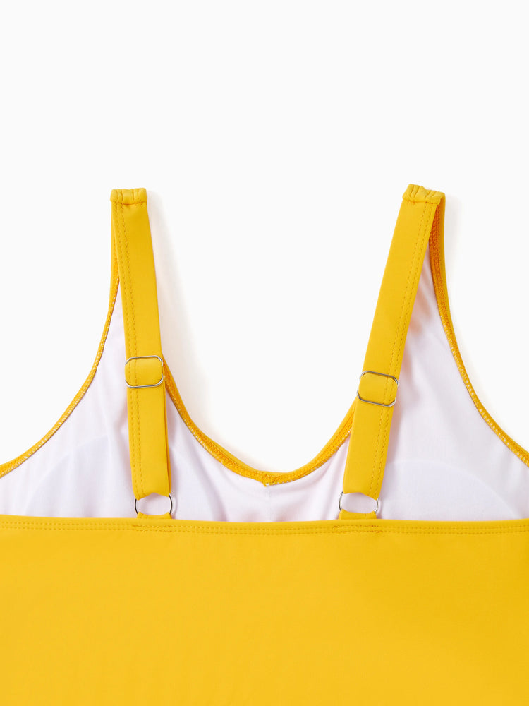 Mommy & me Floral Drawstring Flowy Spliced Mesh Swim Dress with Triangle Swim Bottom Yellow
